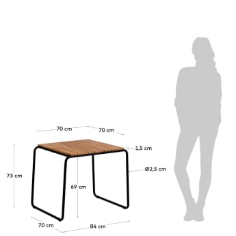 Stół Yukari lite drewno akacjowe efekt teak stal czarne wykończenie 100% FSC 84 x 70 cm - rozmiary