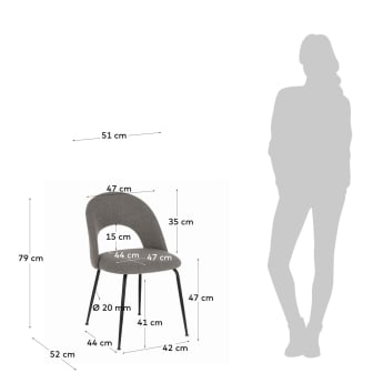 Krzesło Mahalia jasnoszare i stalowe nogi malowane na czarno - rozmiary