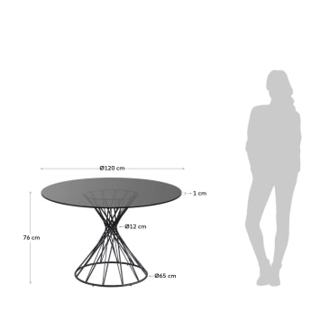 Niut ronde glazen tafel met massief stalen poten en zwarte afwerking Ø 120 cm - maten