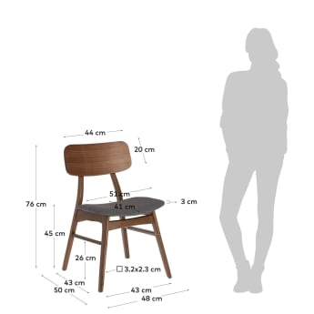 Selia chair in walnut veneer, solid rubber wood and dark grey upholstery - sizes