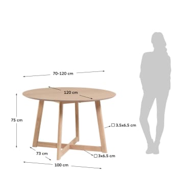 Table ronde extensible Maryse 70(120)x75cm contreplaqué de chêne et pieds en hévéa massif - dimensions