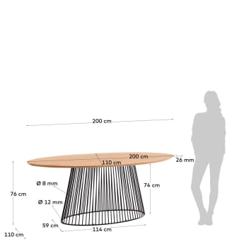 Table Leska 200 x 110 cm en manguier massif et pied en acier noir - dimensions