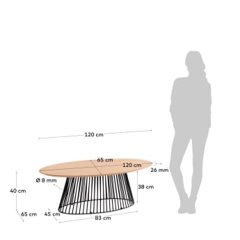 Mesa de centro Leska madeira maciça de mangueira e pé de aço acabamento preto 120 x 65 cm - tamanhos