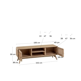 Mueble TV Nalu 2 puertas de madera maciza de mindi y ratán 150 x 50 cm - tamaños
