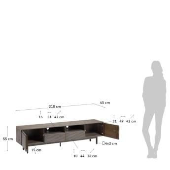Indiann TV-meubel van massief acaciahout & zwart metaal, 2 deuren & 2 laden, 210 x 45 cm - maten