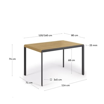 Uitschuifbare tafel Nadyria met eikenfineer en stalen poten 120 (160) x 80 cm - maten