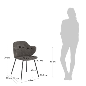 Suanne Stuhl breiter Cord grau mit schwarz lackierten Stahlbeinen - Größen