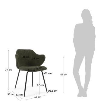 Καρέκλα Suanne, σκούρο πράσινο χοντρό κοτλέ και μεταλλικά πόδια σε μαύρο φινίρισμα - μεγέθη