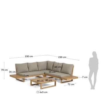 Flaviina 5 seater solid acacia wood corner sofa set with table - sizes