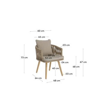 Sedia Hemilce in corda beige e gambe in legno massello di acacia 100% FSC - dimensioni