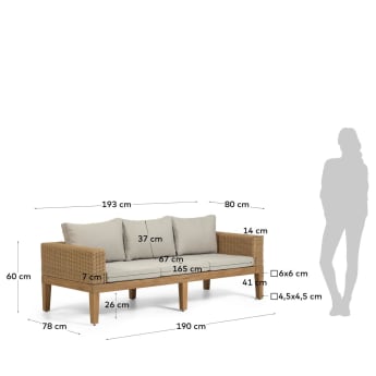 Giana 3 seater sofa in solid acacia wood & rattan, 193 cm FSC 100% - sizes