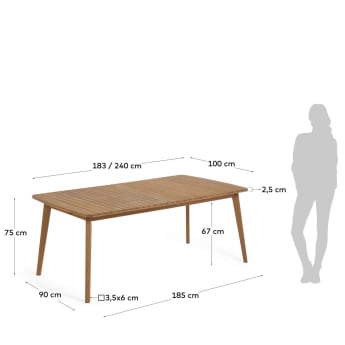 Table de jardin extensible Hanzel en bois d'eucalyptus 183 (240) x 100 cm FSC 100% - dimensions
