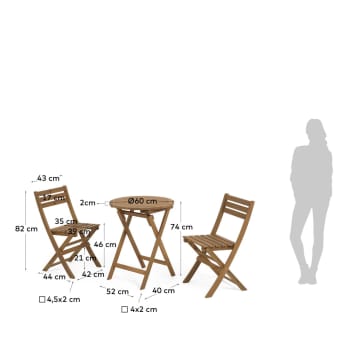 Conjunt d'exterior Elisia de taula i 2 cadires plegables de fusta massissa acàcia FSC 100% - mides