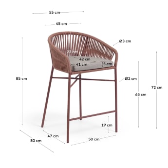 Yanet stackable stool made from terracotta cord and galvanised steel, height 65 cm - sizes