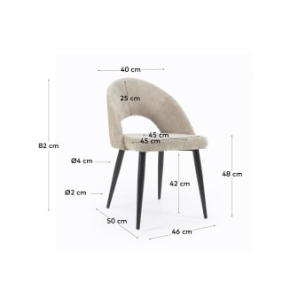 Cadeira Mael de chenille bege e pernas de aço com acabamento preto - tamanhos
