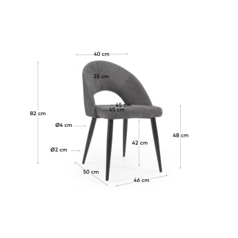 Cadeira Mael de chenille cinzento e pernas de aço com acabamento preto - tamanhos
