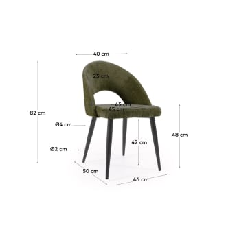 Krzesło Mael w zielonym szenilą i stalowe nogi z czarnym wykończeniem - rozmiary