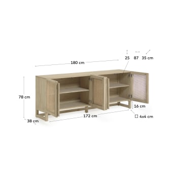 Rexit sideboard with 4 doors in solid and veneer mindi wood with rattan, 180 x 78 cm - sizes
