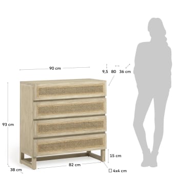 Συρταριέρα με 4 συρτάρια Rexit, 90 x 93 εκ, μασίφ ξύλο mindi και καπλαμάς, rattan - μεγέθη