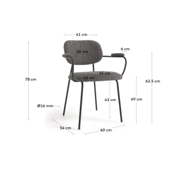 Krzesło Auxtina w ciemnoszary sztruks i czarny metal - rozmiary