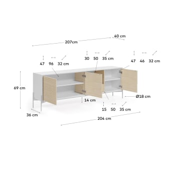 Marielle Sideboard 3 Türen 1 Schublade Eschenfurnier lackiert Metall in Weiß 207 x 69 cm - Größen