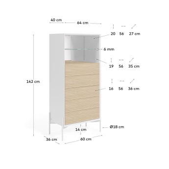 Συρταριέρα Marielle με πέντε συρτάρια φτιαγμένο από ξύλο οξυάς με άσπρη λάκα, 64x142εκ - μεγέθη