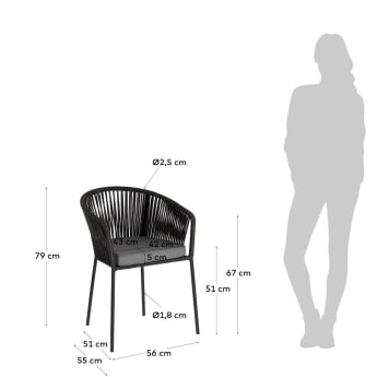 Krzesło Yanet z czarnej liny i nogami z galwanizowanej stali - rozmiary
