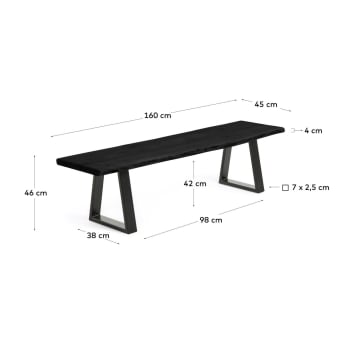 Alaia bench in solid black acacia wood with black steel legs, 160 cm - sizes