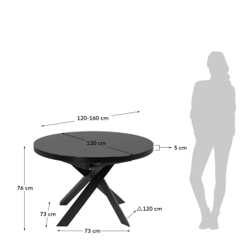 Rozkładany stół Vashti okrągły szklany i stalowe czarne nogi Ø 120 (160) cm - rozmiary