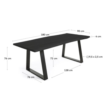 Alaia table in solid black acacia wood with black steel legs, 180 x 90 cm - sizes