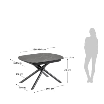 Yodalia ausziehbarer Tisch 130 (190) x 100 cm Feinsteinzeugplatte und schwarze Stahlbeine - Größen