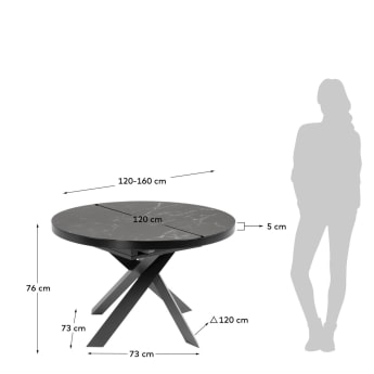 Vashti ausziehbarer runder Tisch Ø 120(160) cm Feinsteinzeugplatte und schwarze Stahlbeine - Größen