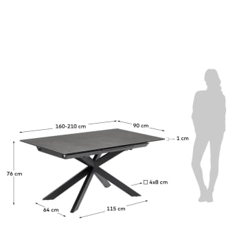 Table extensible Atminda 160 (210) x 90 cm plateau en grès cérame et pieds en acier noir - dimensions