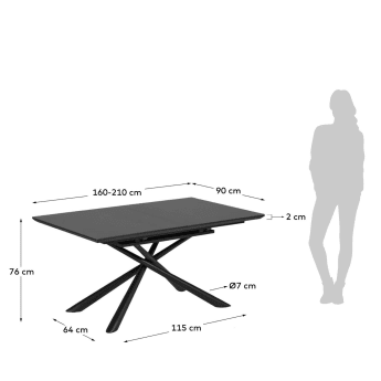 Ανοιγόμενο τραπέζι Theone, γυαλί και μαύρα ατσάλινα πόδια, 160 (210) x 90 εκ - μεγέθη