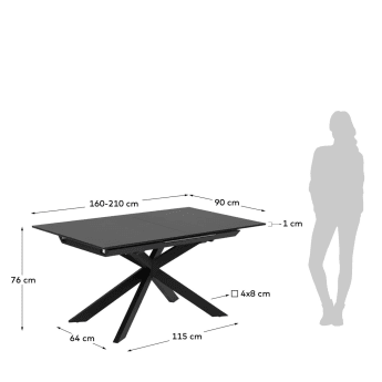 Ανοιγόμενο τραπέζι Atminda, γυαλί και ατσάλινα πόδια σε μαύρο φινίρισμα, 160(210) x 90 εκ - μεγέθη