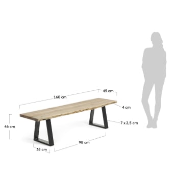 Alaia bench in solid acacia wood with black steel legs, 160 cm - sizes