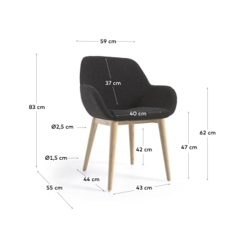 Καρέκλα Konna, μαύρο ύφασμα fleece και πόδια σε μασίφ ξύλο οξιάς σε φυσικό φινίρισμα - μεγέθη