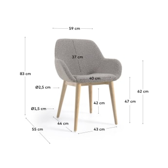 Καρέκλα Konna, γκρι ύφασμα fleece και πόδια σε μασίφ ξύλο οξιάς σε φυσικό φινίρισμα - μεγέθη