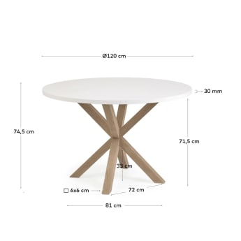 Table ronde Argo en mélaminé finition blanche et pieds en acier effet bois Ø 120 cm - dimensions