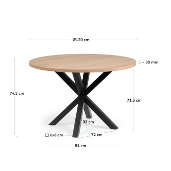 Table ronde Argo en mélaminé naturel et pieds en acier finition noire Ø 119 cm - dimensions