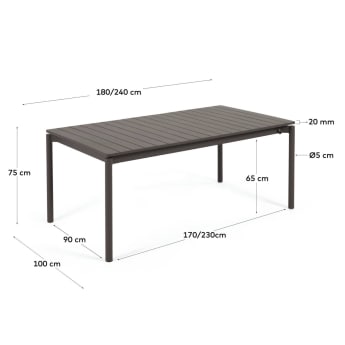 Zaltana extendable aluminium outdoor table with matt dark grey finish 180 (240) x 100 cm - sizes
