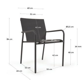 Krzesło ogrodowe sztaplowane Zaltana wykonane z aluminium z matowym wykończeniem w kolorze ciemnoszarym - rozmiary