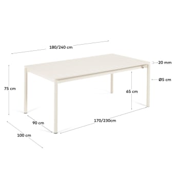 Table d'extérieur extensible Zaltana en aluminium blanc mat 180 (240) x 100 cm - dimensions