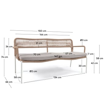 Cailin 2-Sitzer Sofa beiges Seil und verzinkte Stahlbeine weiß 150 cm - Größen