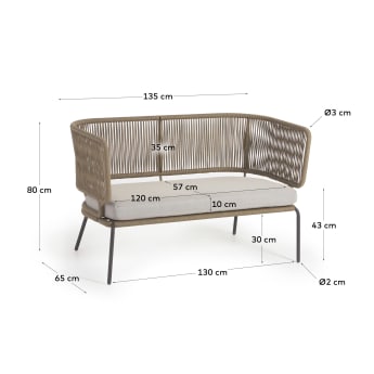 Nadin 2-Sitzer Sofa aus beigefarbenem Seil und Beinen aus verzinktem Stahl 135 cm - Größen