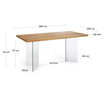 Stół Lotty w okleinie dębowej z naturalnym wykończeniem i szklanymi nogami 180 x 100 cm - rozmiary