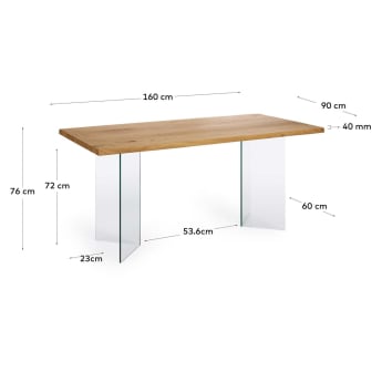 Table Lotty en contreplaqué de chêne finition naturelle et pieds en verre 160 x 90 cm - dimensions