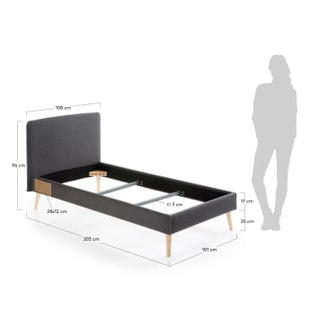 Dyla Bett mit abnehmbarem Bezug Schwarz Beine massive Buche für Matratze von 90 x 190 cm - Größen