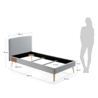 Łóżko ze zdejmowanym pokrowcem Dyla jasnoszare z nogami z litego drewna bukowego na materac 90 x 190 cm - rozmiary