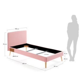 Cama de capa removível Dyla rosa pés de madeira maciça de faia para colchão de 90 x 190 cm - tamanhos